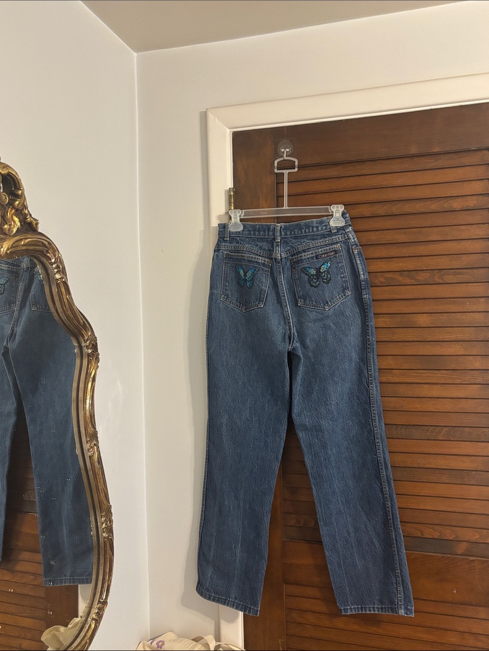 Calvin Klein Medium Blue Straight Leg Jeans with Butterfly Embroidery